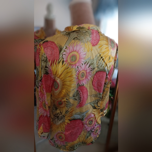 Don Caster~Vintage Yellow Pink & Green Floral Sunflower Silk Button Down Shirt - Picture 3 of 13